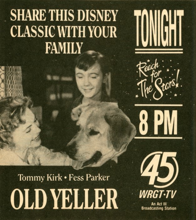 Scan of a TV Guide ad for Old Yeller on WRGT-TV