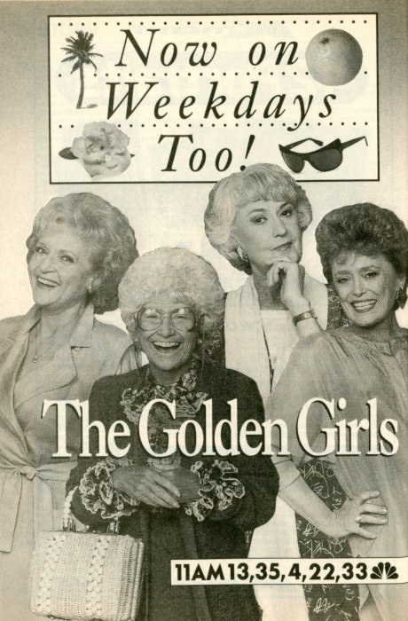 Scan of a TV Guide ad for The Golden Girls on weekdays on NBC