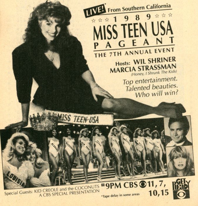 Scan of a TV Guide ad for the 1989 Miss Teen USA Pageant on CBS