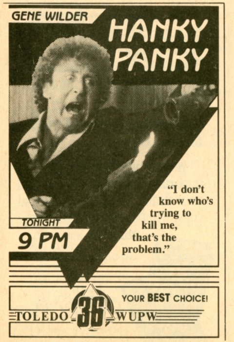Scan of a TV Guide ad for Hanky Panky on WUPW (Channel 36)