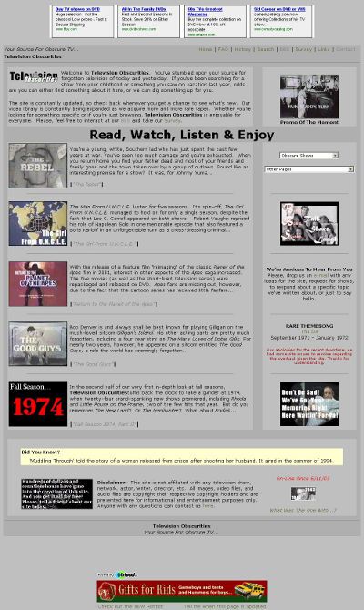 Screenshot showing what Television Obscurities looked like in November 2003.